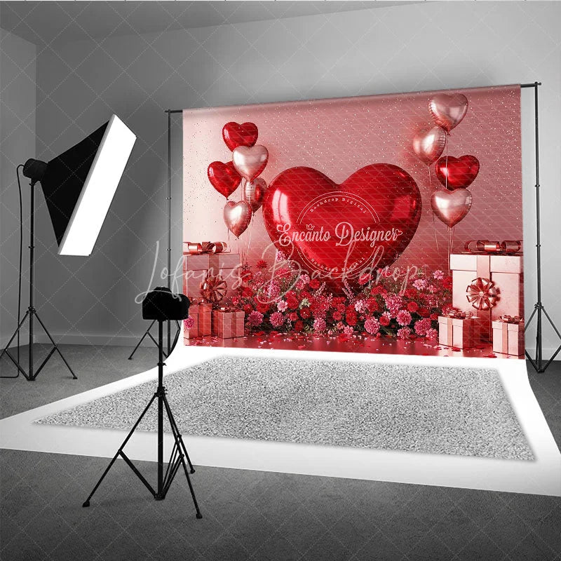 Lofaris 3D Giant Red Heart Backdrop Metallic Gift Boxes Flowers Background Valentine Day Photography Studio Prop