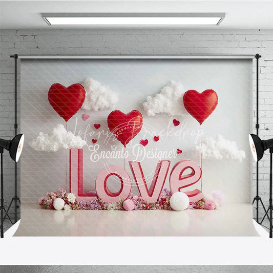 Lofaris 3D Pink LOVE and Red Heart Balloons Backdrop Sweet Valentines Day White Clouds Flower Party Decor