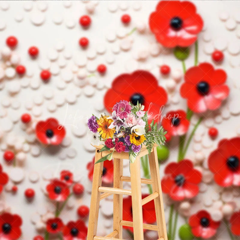 Lofaris 3D Red Poppy Floral Backdrop White Texture Circle Pattern Flower Art Background Artistic Photography Prop