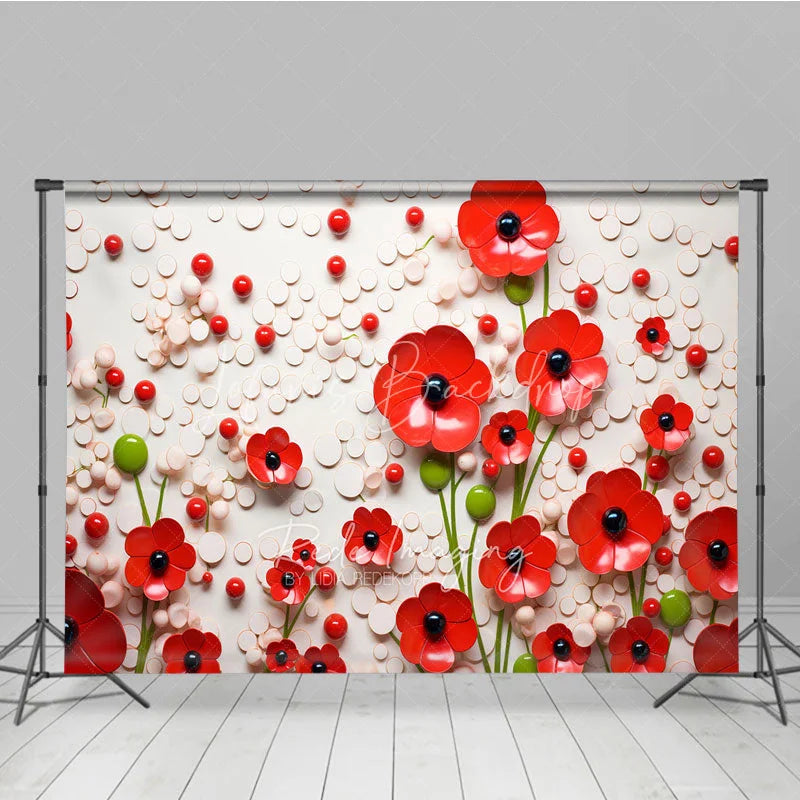 Lofaris 3D Red Poppy Floral Backdrop White Texture Circle Pattern Flower Art Background Artistic Photography Prop