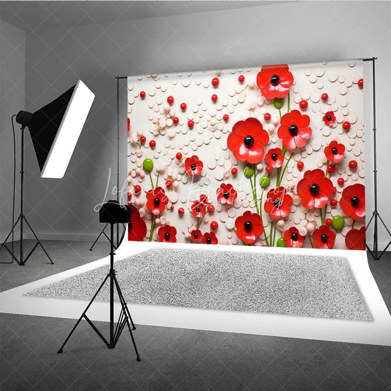 Lofaris 3D Red Poppy Floral Backdrop White Texture Circle Pattern Flower Art Background Artistic Photography Prop