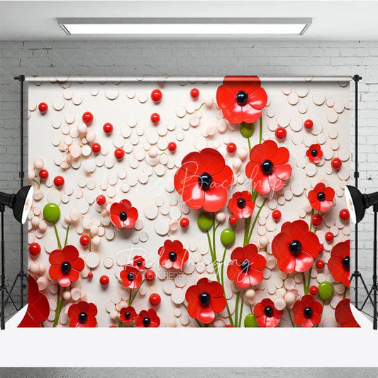 Lofaris 3D Red Poppy Floral Backdrop White Texture Circle Pattern Flower Art Background Artistic Photography Prop