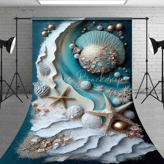 Lofaris 3D Textured Ocean Wave and Starfish Backdrop Teal Blue Gold Pearl Summer Beach Photography Background