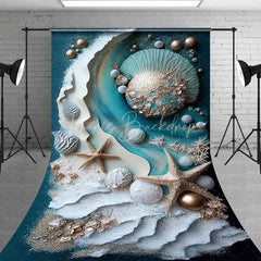 Lofaris 3D Textured Ocean Wave and Starfish Backdrop Teal Blue Gold Pearl Summer Beach Photography Background
