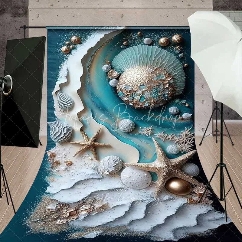 3D Textured Ocean Wave and Starfish Backdrop, Teal Blue and Gold Pearl ...