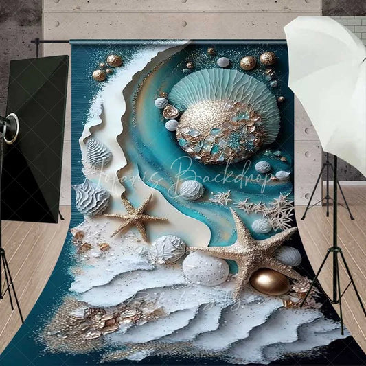 Lofaris 3D Textured Ocean Wave and Starfish Backdrop Teal Blue Gold Pearl Summer Beach Photography Background