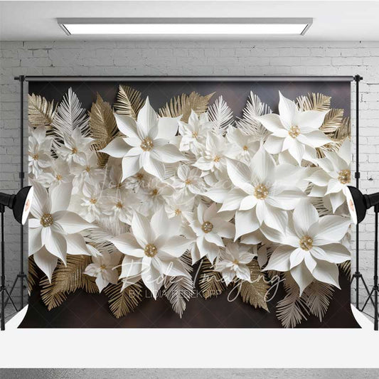 Lofaris 3D White and Gold Paper Poinsettia Wall Elegant Christmas Photography Backdrop Holiday Floral Studio Prop