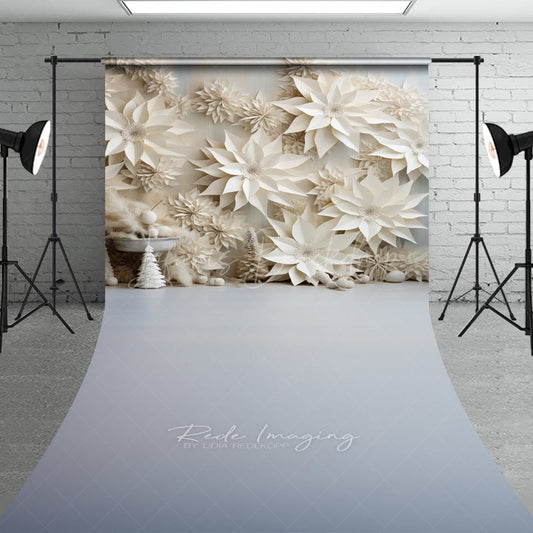 Lofaris 3D White Paper Flowers Sweep Photo Backdrop Winter Wedding or Bridal Shower Elegant Poinsettia Wall Decor