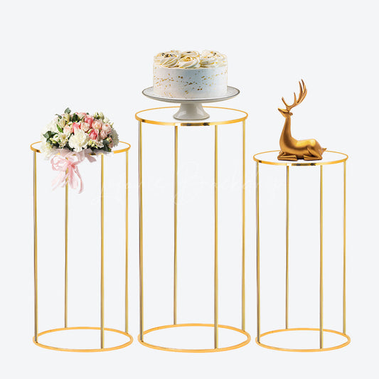 Lofaris 3pcs Cake Display Cylinder Stand Gold Metal Pedestals Plinths