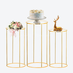 Lofaris 3pcs Cake Display Cylinder Stand Gold Metal Pedestals Plinths