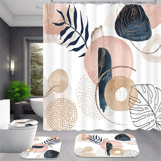 Lofaris 4-Piece Abstract Boho Shower Curtain Set, Pink Blue Geometric Shapes, Modern Minimalist Art