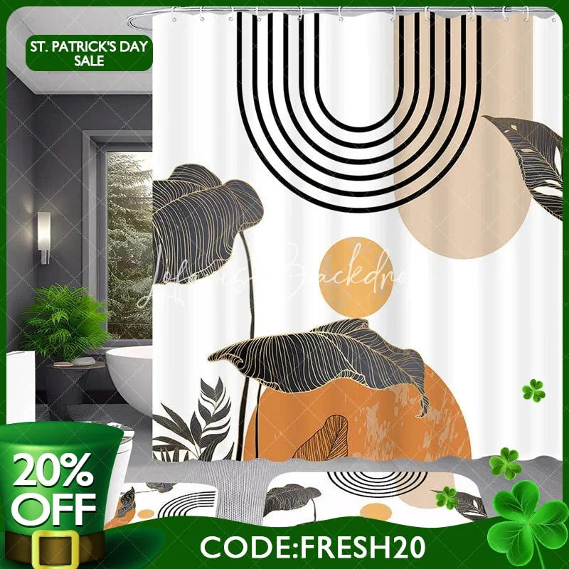 Lofaris 4-Piece Abstract Boho Sun Shower Curtain Set Minimalist Tropical Leaves Terracotta Geometric Decor