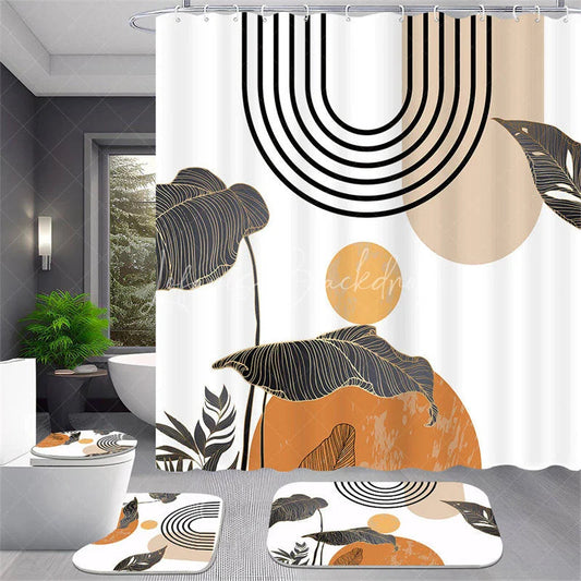 Lofaris 4-Piece Abstract Boho Sun Shower Curtain Set, Minimalist Tropical Leaves, Terracotta Geometric Decor