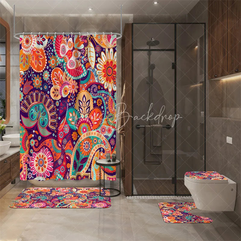 Lofaris 4-Piece Boho Paisley Bathroom Set Colorful Mandala Floral Pattern Vibrant Orange Purple Tribal