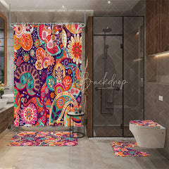 Lofaris 4-Piece Boho Paisley Bathroom Set Colorful Mandala Floral Pattern Vibrant Orange Purple Tribal