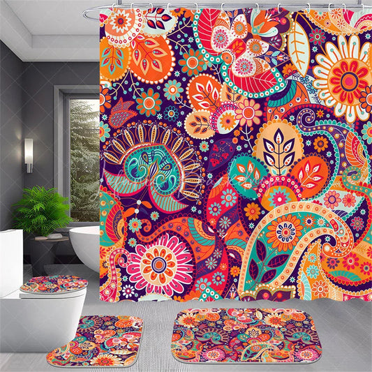 Lofaris 4-Piece Boho Paisley Bathroom Set, Colorful Mandala Floral Pattern, Vibrant Orange Purple Tribal