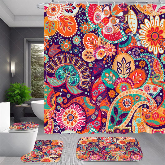 Lofaris 4-Piece Boho Paisley Bathroom Set Colorful Mandala Floral Pattern Vibrant Orange Purple Tribal