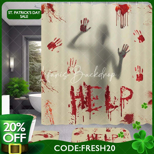 Lofaris 4-Piece Halloween Horror Bathroom Set Red Handprint Silhouette Spooky Help Sign Holiday Decor