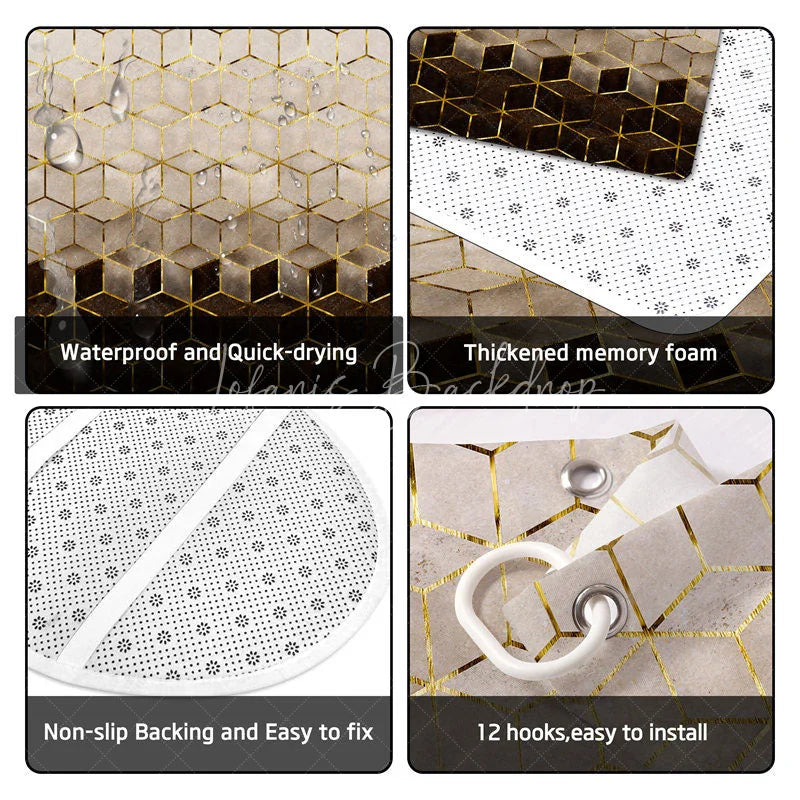 Lofaris 4-Piece Modern Geometric Shower Curtain Set Golden Lines Hexagon Pattern Abstract Cream Brown