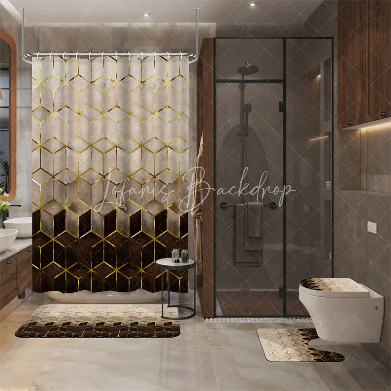 Lofaris 4-Piece Modern Geometric Shower Curtain Set Golden Lines Hexagon Pattern Abstract Cream Brown