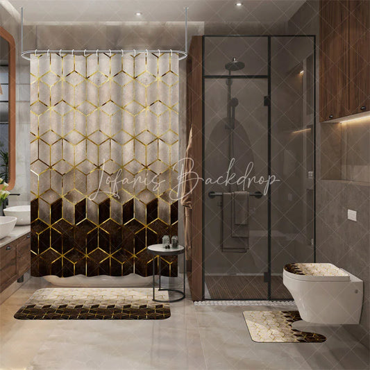 Lofaris 4-Piece Modern Geometric Shower Curtain Set Golden Lines Hexagon Pattern Abstract Cream Brown