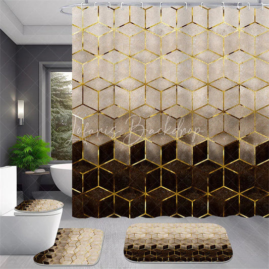 Lofaris 4-Piece Modern Geometric Shower Curtain Set, Golden Lines Hexagon Pattern, Abstract Cream Brown
