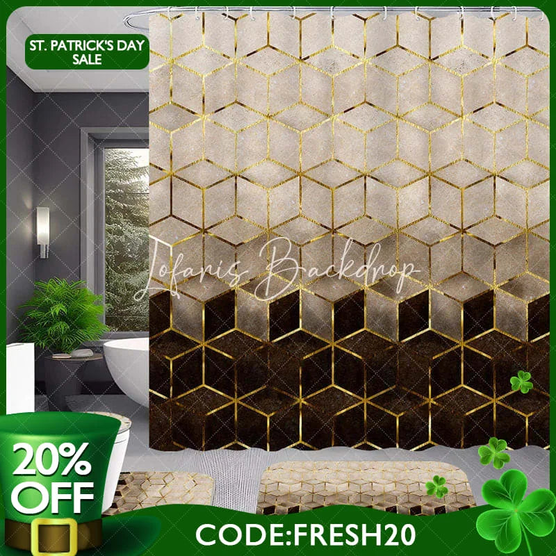 Lofaris 4-Piece Modern Geometric Shower Curtain Set Golden Lines Hexagon Pattern Abstract Cream Brown