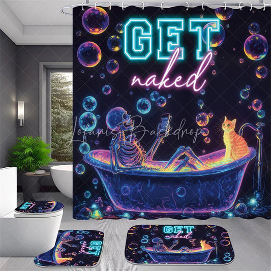 Lofaris 4-Piece Neon Skeleton Shower Curtain Set, Funny Bathing Skull with Cat, Colorful Bubbles Decor