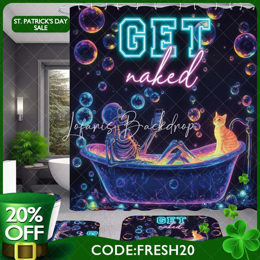 Lofaris 4-Piece Neon Skeleton Shower Curtain Set Funny Bathing Skull with Cat Colorful Bubbles Decor