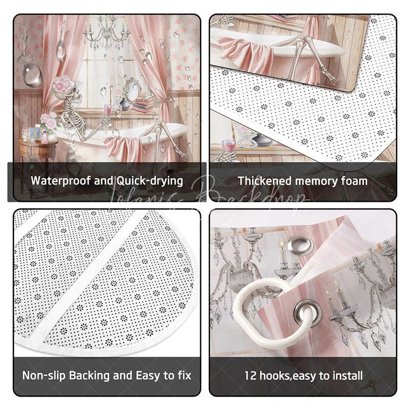 Lofaris 4-Piece Pink Skeleton Bathroom Set Floral Bathtub Skull Funny Spooky Cute Halloween Decor