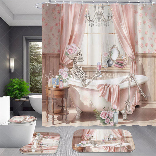 Lofaris 4-Piece Pink Skeleton Bathroom Set, Floral Bathtub Skull, Funny Spooky Cute Halloween Decor