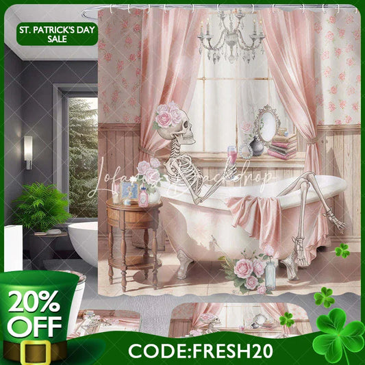 Lofaris 4-Piece Pink Skeleton Bathroom Set Floral Bathtub Skull Funny Spooky Cute Halloween Decor