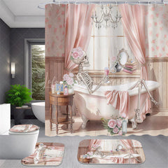 Lofaris 4-Piece Pink Skeleton Bathroom Set Floral Bathtub Skull Funny Spooky Cute Halloween Decor
