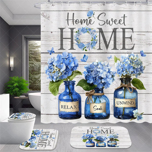 Lofaris 4-Piece Rustic Home Sweet Home Shower Curtain Set, Blue Hydrangea Floral Jars, Wooden Plank Decor