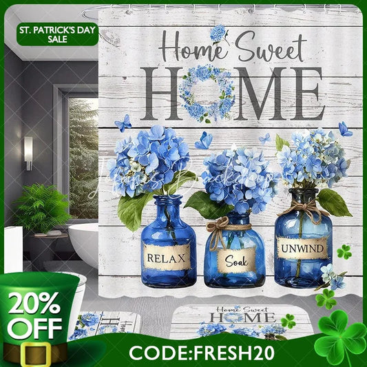 Lofaris 4-Piece Rustic Home Sweet Shower Curtain Set Blue Hydrangea Floral Jars Wooden Plank Decor