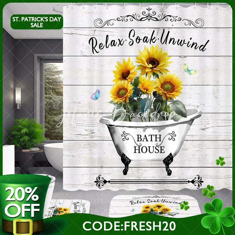 Lofaris 4-Piece Rustic Sunflower Bathroom Set Farmhouse Bathtub Wood Yellow Relax Soak Unwind Decor