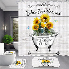 Lofaris 4-Piece Rustic Sunflower Bathroom Set, Farmhouse Bathtub Wood, Yellow Relax Soak Unwind Decor