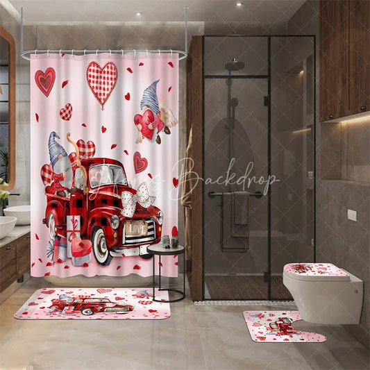 Lofaris 4-Piece Valentines Day Gnome Bathroom Set Red Truck Heart Love Romantic Pink Holiday Decor