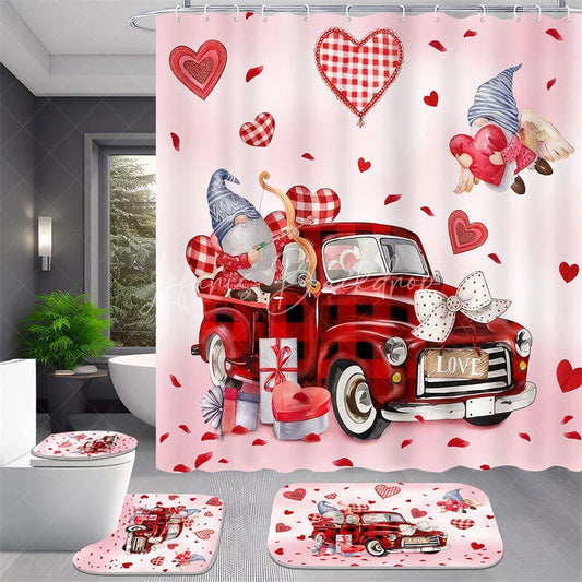 Lofaris 4-Piece Valentines Day Gnome Bathroom Set Red Truck Heart Love Romantic Pink Holiday Decor