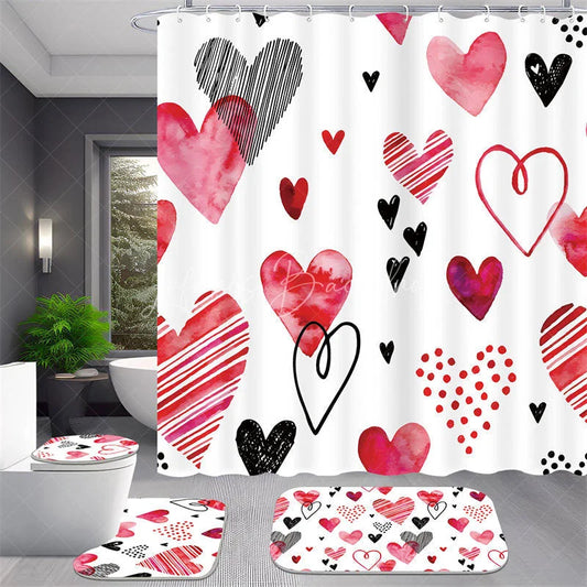Lofaris 4-Piece Valentines Day Heart Shower Curtain Set Watercolor Red Pink Love Art Cute Romantic