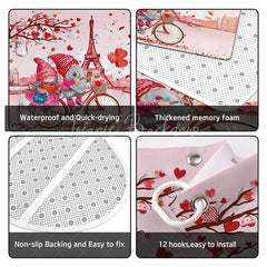 Lofaris 4-Piece Valentines Day Paris Shower Curtain Set Cycling Gnomes Eiffel Tower Romantic Pink Love