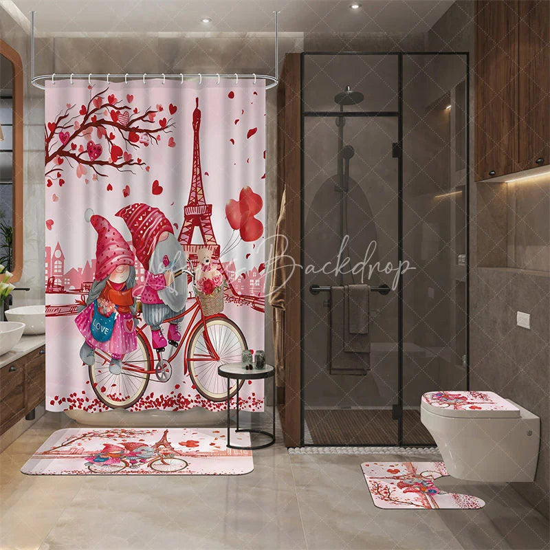 Lofaris 4-Piece Valentines Day Paris Shower Curtain Set Cycling Gnomes Eiffel Tower Romantic Pink Love
