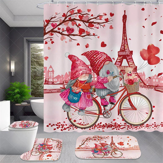 Lofaris 4-Piece Valentines Day Paris Shower Curtain Set Cycling Gnomes Eiffel Tower Romantic Pink Love