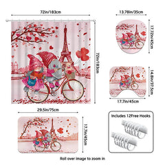 Lofaris 4-Piece Valentines Day Paris Shower Curtain Set Cycling Gnomes Eiffel Tower Romantic Pink Love