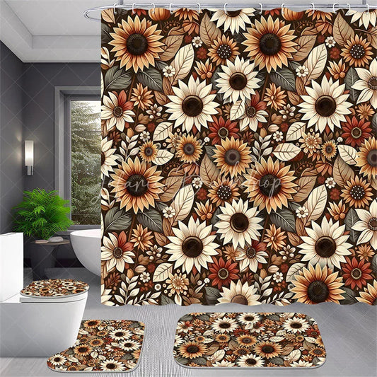 Lofaris 4-Piece Vintage Sunflower Bathroom Set Autumn Yellow Floral Pattern Rustic Farmhouse Decor
