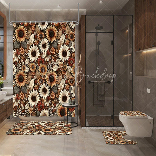 Lofaris 4-Piece Vintage Sunflower Bathroom Set Autumn Yellow Floral Pattern Rustic Farmhouse Decor