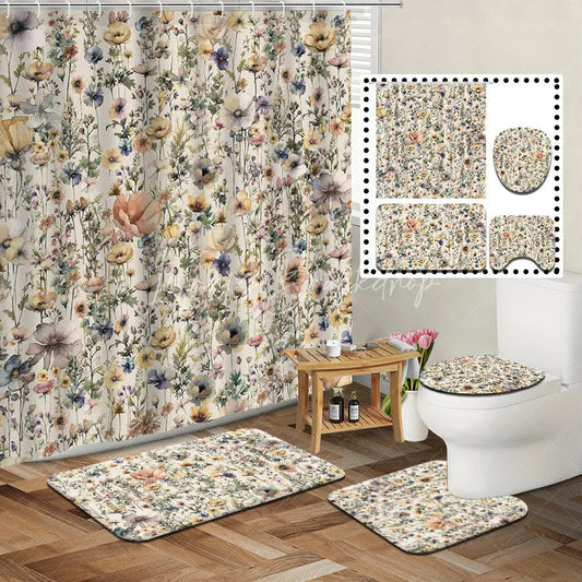Lofaris 4-Piece Vintage Wildflower Bathroom Set, Colorful Herbs and Plants, Rustic Botanical Farmhouse Decor