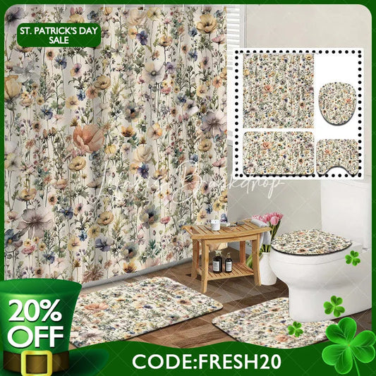 Lofaris 4-Piece Vintage Wildflower Bathroom Set Colorful Herbs and Plants Rustic Botanical Farmhouse Decor