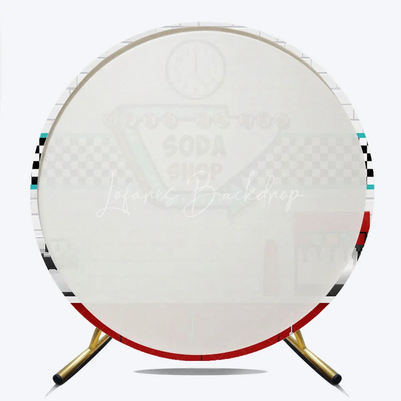Lofaris 50s Diner Soda Shop Round Backdrop Retro Restaurant White Brick and Checkered Party Background