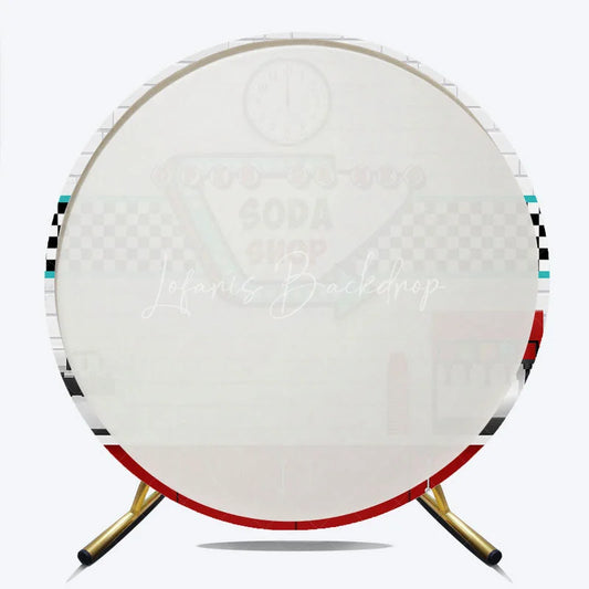 Lofaris 50s Diner Soda Shop Round Backdrop Retro Restaurant White Brick and Checkered Party Background